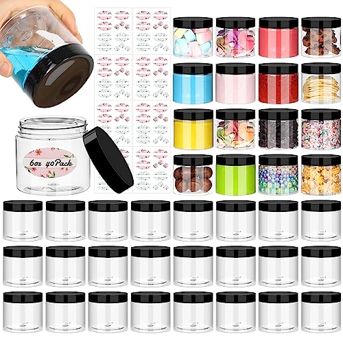 Empty 6 oz Small Containers with Lids & Labels - Refillable Plastic Jars with Lids - Sugars Scrub Jars/Slime Containers (6 fl.oz, 40Pack)