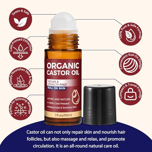 Organic Castor Oil Roll on, Castor Oil Roller Ball for Eyes, Face, Body Skin, Hair and Belly Button, Cold Pressed Unrefined, in Glass Bottle, Travel Size (1Fl Oz)