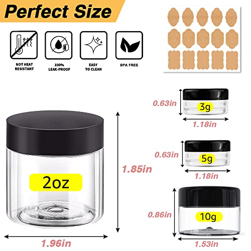 2 oz Plastic Containers with Lids 60pcs Plastic Jars with Lids + 3/5/10 Gram 12pcs Sample Containers Travel Jar? Great for Lip Scrub,Body Butters,Cream,Lotion Labels & Spatulas (72 Pack)