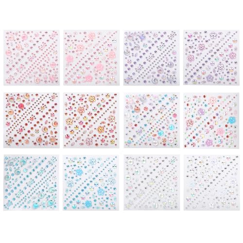 12 Sheets Face Gems Jewels for Makeup Self Adhesive Rhinestones Gems Stickers for Face Nail Eyes Decor Bling Stick on Jewels for Christmas DIY Craft, Card Decorations