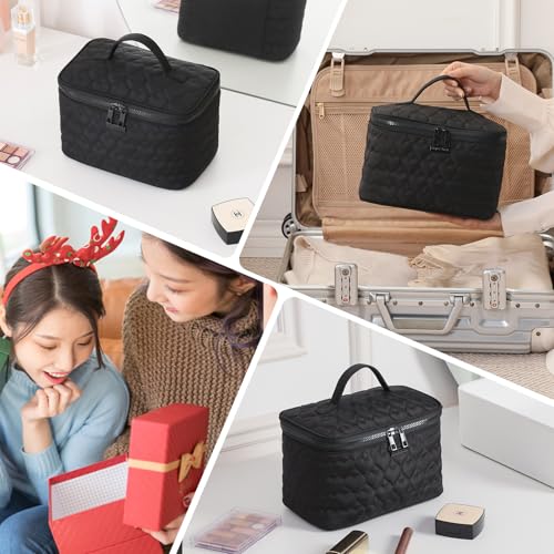 RIGHT AWAY Makeup Bag,Large Cosmetic Bags for Women Girls, Quilted Train Case Make Up Bag with Handle,Travel Makeup Case Organizer,Cute Toiletry Bag Vanity Bag (Black)
