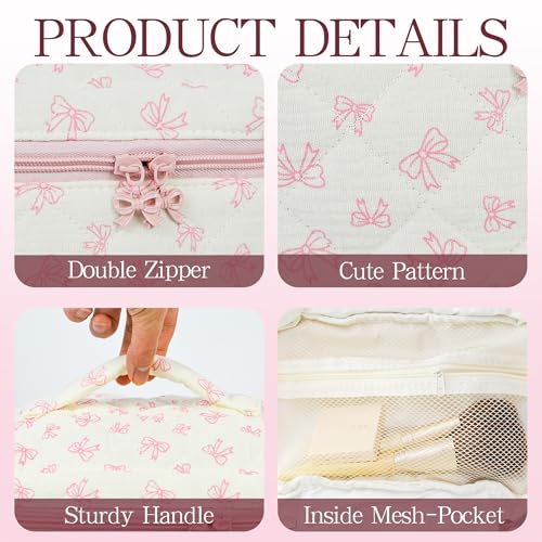 3Pcs Quilted Makeup Bag, Cute Floral Cotton Cosmetic Bag set, Coquette Bow Makeup Pouch Large Travel Toiletry Bag