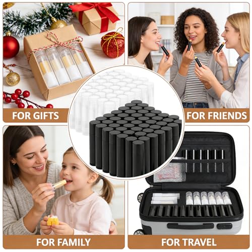 100 Pcs Empty Lip Balm Tubes Bulk Round with Caps, Twist-up Empty Plastic Chapstick Containers for DIY Lipstick Homemade, 5g, BPA Free, Clear and Black