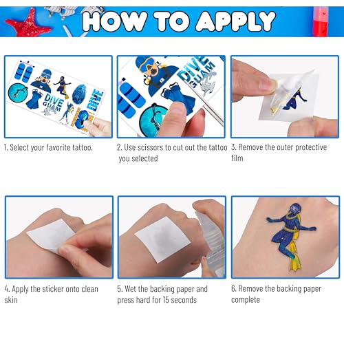 96PCS Cool Scuba Diving Temporary Tattoos Ocean Summer Beach Birthday Party Favors Decorations Supplies Decor Underwater Sports Tattoo Stickers Gifts For Kids Diver Boys Girls School Prizes Carnival