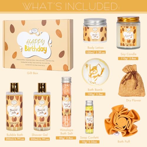 Valentines Day Gifts for Women Spa Gifts Baskets for Women W/Bubble Bath, Bath Salt, Soy Candle, Gifts for Mom Her Female Sister Mother Teacher, Gifts set with Almond Milk Nourishing Bath & Body Care