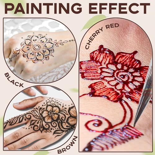 Temporary Tattoo Stencil Kit 10 Sheets, 6 Pcs Tattoo Cones 3 Color (Black/Brown/Cherry Red) with Brush/cotton swabsTool, India Art Skin Painting Designs for Women Men Kids DIY Gifts