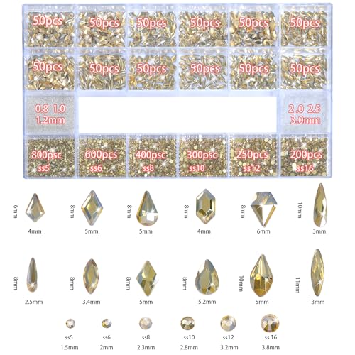 HNUIX Nail Rhinestones - 3D Multiple Shape Size Gems, Champagne Gold, Manicure beads, Pearls, Flatback Crystals Rhinestones, with Kit, for Nail Art Decor