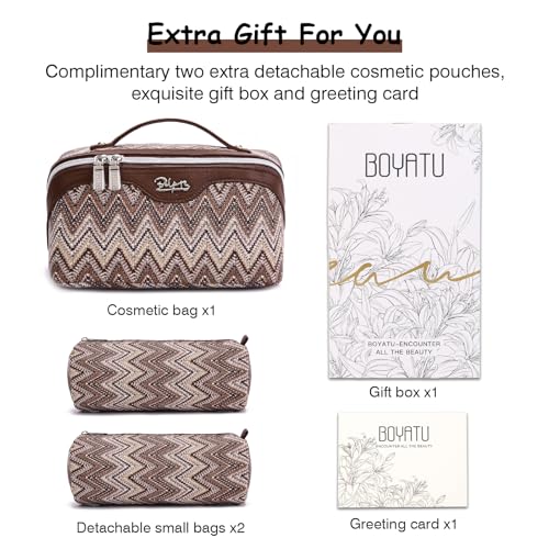 BOYATU Travel Makeup Bag for Women: Western Boho Make up Bag Set of 3 - Large Capacity Vegan Leather Cosmetic Bag - Waterproof Toiletry Bag with Compartments & Handle & Divider(J-2-Brown)