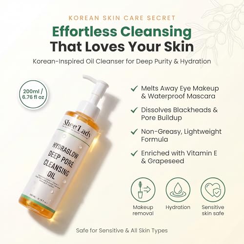 Shee'lady Hydraglow Deep Pore Cleansing Oil, limpiador facial en aceite ? Best Cleansing Oil for Face, Blackhead & Makeup Remover Korean Skin Care, 6.76 fl oz (200ml)