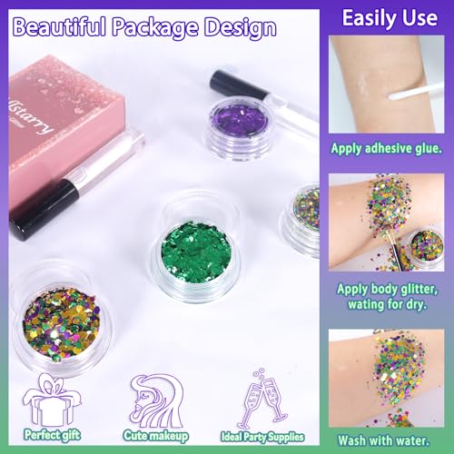 Allstarry Mardi Gras Face Glitter, 4 Colors Chunky Body Glitters Purple Green Gold Face Glitter Eyeshadow Makeup Hair and Eye Glitter Mardi Gras Accessories for Women Mask Balls Street Parties