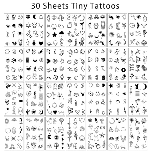 30 Sheets Cute Tiny Temporary Tattoos for Women Men Finger Hands, Fake Tattoo Stickers Bulk Black Long Lasting Waterproof Tattoos for Adults Neck Arms