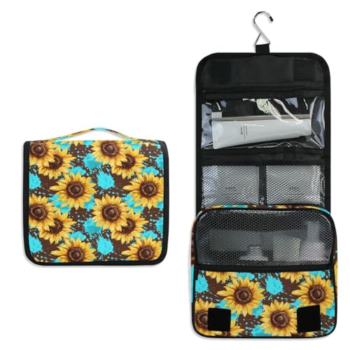 Hanging Toiletry Bag for Women Teal Art Floral Sunflower Makeup Bag Travel Essentials Toiletries Organizer Bag Flower Cosmetic Bag Foldable