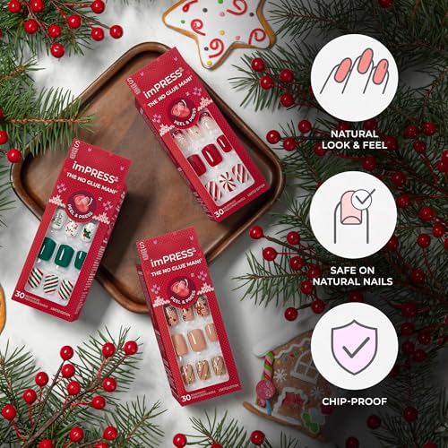 KISS imPRESS Holiday Press On Nails, ¡®Santa Baby¡¯, Red, Short Squoval, Improved Super Hold Adhesive, 30 Fake Nails, Prep Pad, Mini Nail File, & Manicure Stick