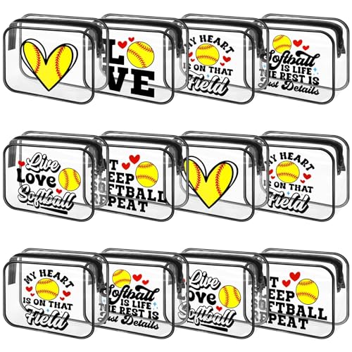 12 Pcs 8 x 6 x 2.4'' Softball Makeup Bag Cosmetic Bag Softball Gifts for Team Clear PVC Bags Softball Goodie Bag Stuffers Accessories for Women Cheer Case Toiletry Zipper Pouch Team Party Favors