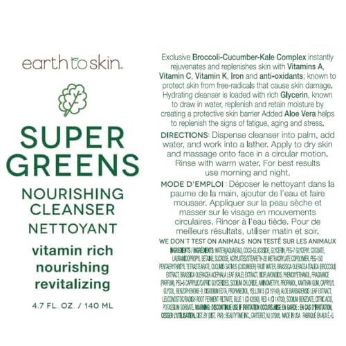 Earth To Skin Super Greens Nourishing Face Cleanser, Vitamin Enriched, Daily Face Wash for All Skin Types (4.7 Fl Oz)