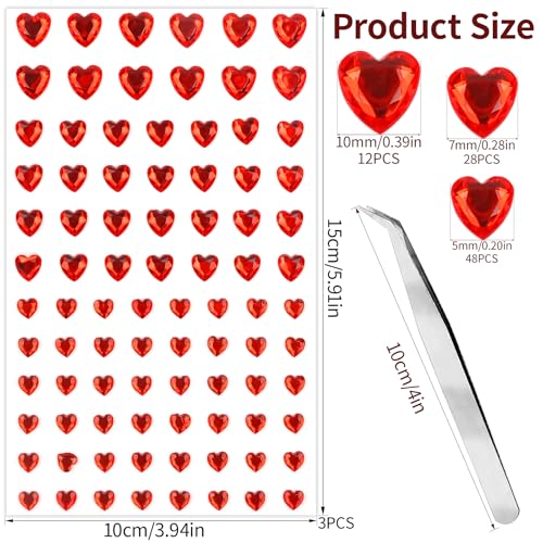 264Pcs Heart Face Gems Love Gems, Self-Adhesive Face Jewels Rhinestones 5/7/10 mm DIY Face Gems Stick on, Valentine Makeup Gems Rave Accessories for Face Eyes Hair Makeup Body, Crafts (red)