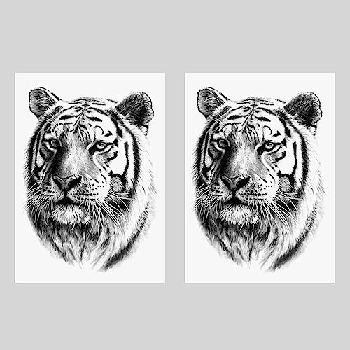 2 Sheets Realistic Animal Temporary Tattoos Stickers Sketch Lifelike Tiger Power Designs For Men Waterproof Arm Leg Fake Body Art, Gym & Parties Bold Masculine Decals