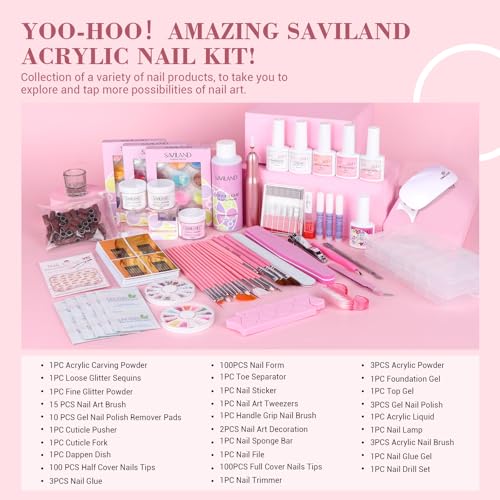 SAVILAND Acrylic Nail Kit with Drill: Professional Nails Kit Acrylic Set with Everything U V Light Gel Polish Nail Glue Tips Nail Art Supplies for DIY Home Salon
