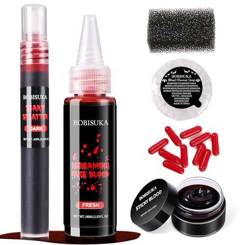 Halloween Fake Blood SFX Makeup Kit ? Realistic Liquid Spray, Dripping Blood, Coagulated Gel, Capsules, Sponge & Soap ? Washable Special Effects Body Paint for Vampire & Zombie Costumes