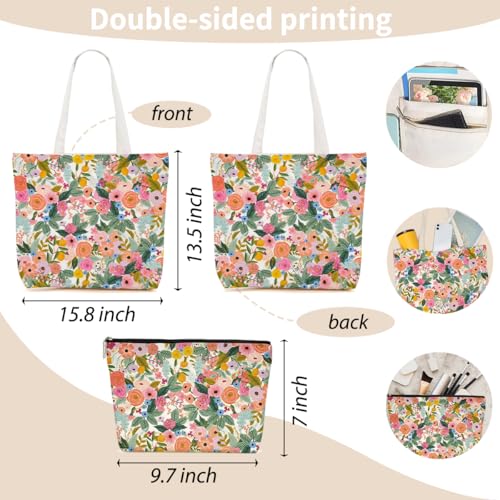 Aesthetic Floral Canvas Tote Bag Makeup Bag Set Flower Decor Gifts for Women Girls Daughter Friend Bestie Vacation Travel Work Birthday Christmas Reusable Shopping Grocery Bags Travel Cosmetic Bags