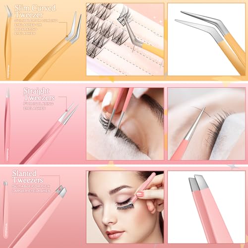 6pcs Eyelash Tweezers Lash Extension Tweezers for False Lashes,Christmas Gifts Eyelash Tweezers for Lash Clusters Metal Lashtweezers Stocking Stuffers with Lash Applicator Tool
