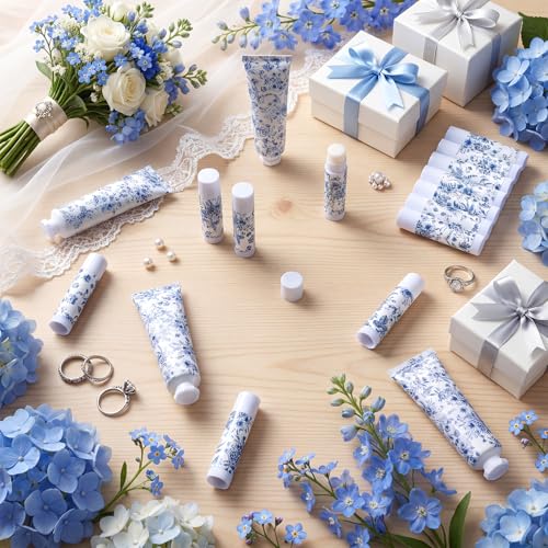 Loopeer 36 Sets Blue Floral Bridal Shower Hand Cream and Lip Balm Gift Bulk Blue Flower Wedding Favors Travel Size Hand Lotion and Lip Balm Wedding Bridal Baby Shower Party Supplies for Guests