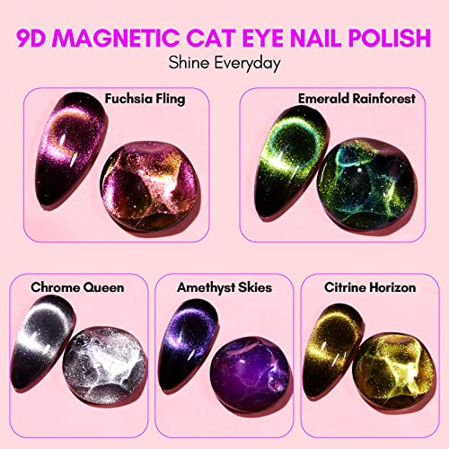 Makartt 9D Magnetic Cat Eye Gel Nail Polish Set, 6 Colors (Yellow, Purple, Silver, Rose Red, Green, Black Hole Effect) with Magnet Stick, 8ml ? Soak Off DIY Manicure & Nail Art Supplies