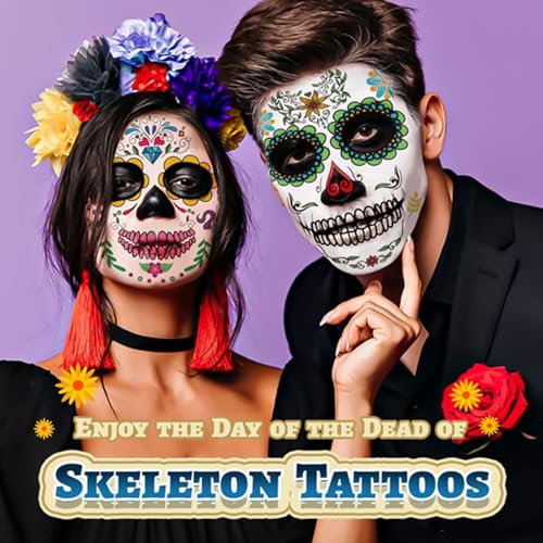 COKOHAPPY Halloween Temporary Face Tattoos Makeup Kit (13 Pack), Day of the Dead Sugar Skull Floral Black Skeleton Web Red Roses Full Face Mask Stickers Tattoo Families Party Supplies