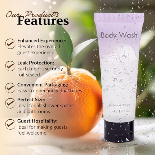 Leak-Proof Travel Size Body Wash 1 Oz Each Pack of 200 Bulk Pack Santal and Orange Scent Hotel Body Wash Amenities and Toilteries for Hospitality