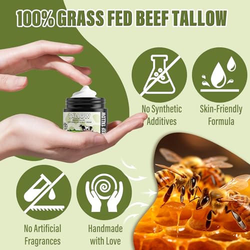 MINIBIRD Beef Tallow for Skin, Tallow and Honey Balm, 100% Organic Beef Tallow Blam Grass Fed Finished Whipped Tallow, Unscented Face Cream Moisturizer Body Lotion Skin Care for Sensitive
