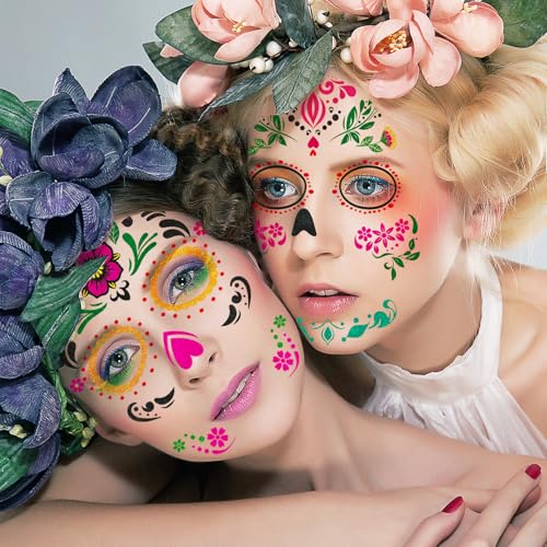 Ceiba Tree Day of Dead Glitter Tattoos 6 Sheets Halloween Temporary Sugar Skull Face Tattoos Floral Skeleton Full Face Mask Stickers for Women Adult Halloween Party Favor Supplies Decorations