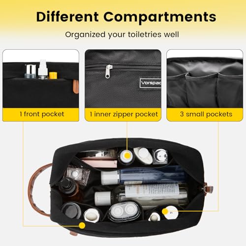 Vorspack Travel Toiletry Bag - Hanging Toiletry Bag for Men Water Resistant Canvas Shaving Bag with Large Capacity for Travel - Black (Pack of 2)