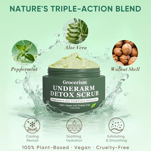Armpit Detox Scrub & Underarm Exfoliator - Walnut Shell, Menthol & Aloe Vera Body Scrub for Odor, Deodorant Buildup, and Dark Spots - Moisturizing Formula for Sensitive Skin, Vegan 8.8 oz