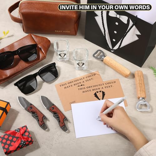 54Pcs Groomsmen Gifts Set of 6, Proposal Gift Box with Toiletry Bags, Whiskey Glasses, Sunglasses, Wood Handle Pocket Knives, Bottle Openers, Cards, Envelopes and Tuxedo Gift Bags (6 Set)