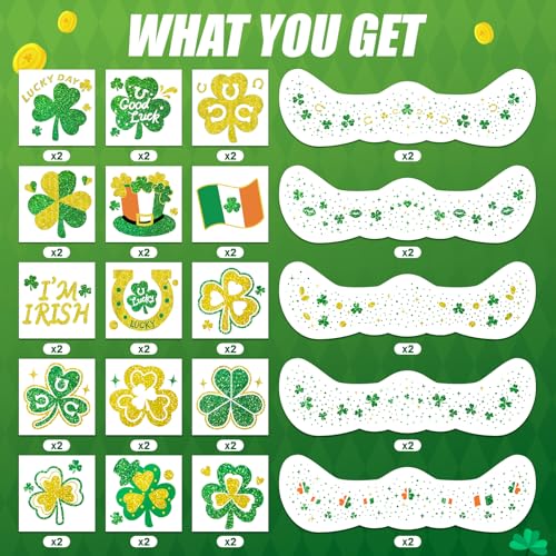 Cerlaza St Patricks Day Accessories, 40 Pcs St Patty's Day Glitter Gold Green Freckles Temporary Tattoos Shamrock Face Stickers, Saint Patricks Party Decorations Outfit Accessories for Women Kids