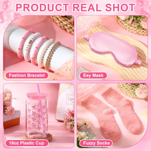 14 Pack Gifts Trendy Stuff for Teenager Girls Aged 13+, Pink Birthday Gifts Basket for Her Hair Bows Drawstring Makeup Bag Makeup Brush Set Coquette Bow Cups for Young Women Friend