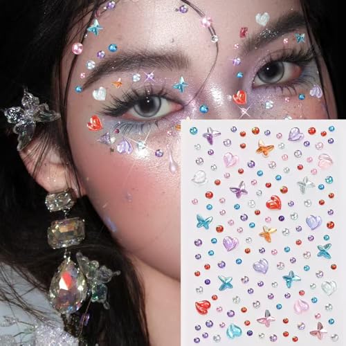 6Sheets Face Gems Stickers Self-Adhesive Hair Jewels Stickers Butterfly Heart Diamonds Mixed Colors Sparkly Rhinestone for Women Eye Face Makeup