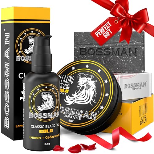Bossman Starter Beard Kit for Men ? Beard Oil (2 oz), Beard Balm & Bar Soap ? Natural & Organic Grooming Kit ? Made in the USA Men Gift Set (Gold Scent)