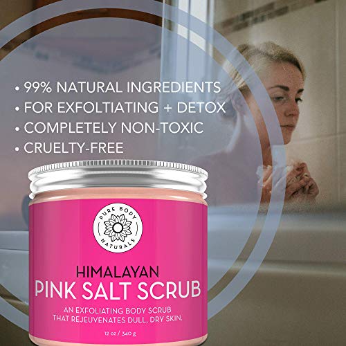 Pure Body Naturals Himalayan Salt Scrub, 12 ounces | Natural Face, Body, Hand, Foot and Skin Exfoliator | Facial Exfoliating Pink Salt with Sweet Almond Oil, Jojoba Oil, Vitamin E, and Aloe Vera