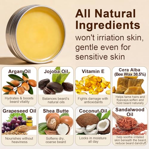 Beard Balm,2 Oz Sandalwood & 2 Oz Unscented Balm -Coconut & Argan & Jojoba Oils,Shea Butter- Styles, Hydrates & Smooths Beards & Mustaches,Beard Styling Balm for Mens Gifts for Men