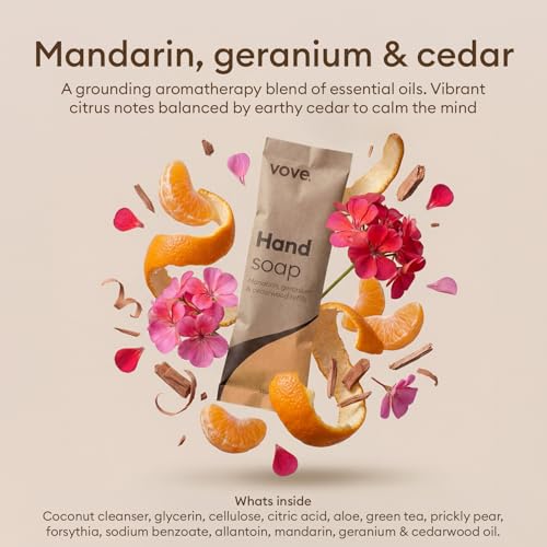 Vove Hand Soap Refills 3-Pack, Mandarin, Geranium & Cedarwood, Powder-to-Gel Hand Wash with Aloe Vera & Cactus Extract, Plant-Based Formula, Moisturizing Allantoin, Plastic-Free Compostable Packaging
