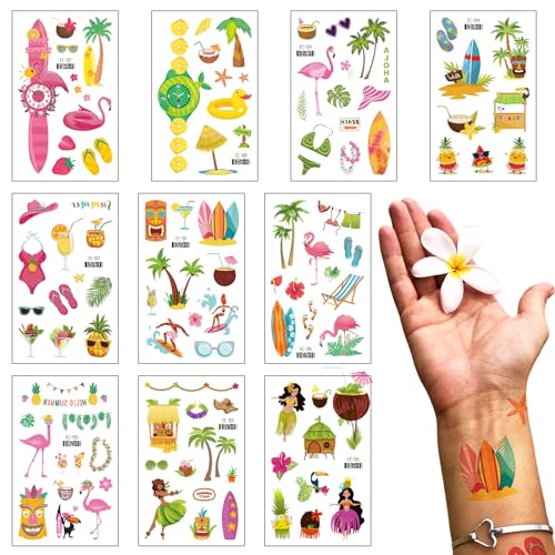 10 Sheets Hawaiian Temporary Tattoos Summer Topic Flamingo Temporary Tattoo Sticker Watch Coconut Tree Tattoo for Men Women Summer Holiday Sea Beach Party Favor Makeup Costume Supplies