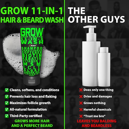 Beard Growth Kit w/ 2X Thickening Biotin Beard Balm for Men & Mustache Wax + GROW 11-in-1 Mens Shampoo & Conditioner (Hair Growth Shampoo for Men w/Biotin) - Formulated in America