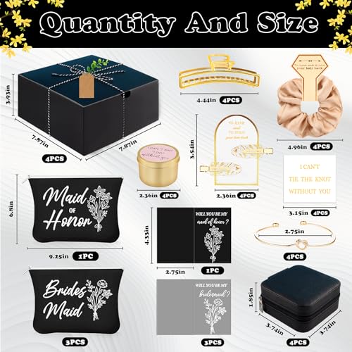 CITYCHALET 49Pcs Bridesmaid Gifts Set of 4 Black,Maid of Honor Proposal Gift Boxes Set,Cosmetic Bag Scented Candle Jewelry Box Metal Hair Clip Knot Bracelet Bachelorette Party Bridal Shower