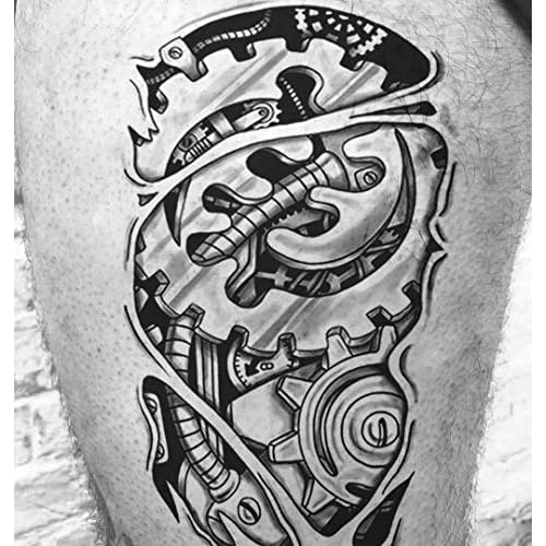 6 Sheets Temporary Tattoo Stickers Muscle Men Black 3D Mechanical Metal Arm Hollow Gear Shoulder Leg