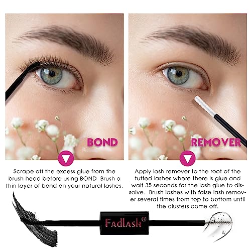 FADLASH Lash Bond and Remover, 2 in 1 Cluster Lash Glue and Lash Remover for Cluster Individual Lashes Soothing Non-Irritating Lash Adhesive Super Strong Hold 48 Hours Lash Glue Remover