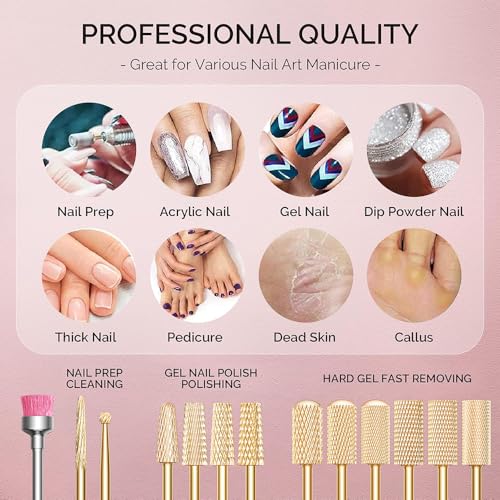 GLIX 13-Piece Professional Nail Drill Bits Set, Gold Tungsten Carbide E File Bits for Acrylic Nails & Gel Polish Removal, Ambidextrous Left/Right Hand Kit with 2XC Typhoon & Safety Cuticle Clean Bits