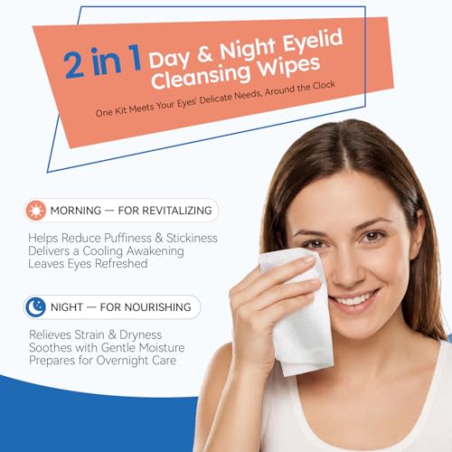 Day & Night Eyelid Wipes for Dry Eyes & Blepharitis Relief - Morning Revitalizing & Evening Soothing Restoration, Dual Use Eyelid & Lash Cleaner for Women and Men, Travel Essentials