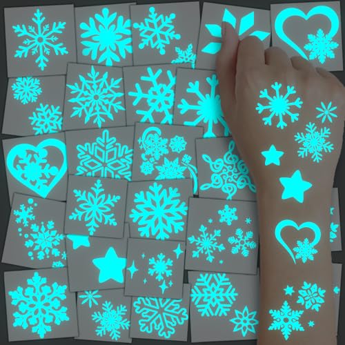 Blue Luminous Snowflake Temporary Tattoos - 74 Individually Sheets White Snowflake Tattoos for Kids Adults Winter Christmas Party Supplies