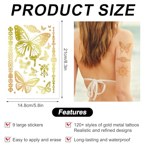9pcs Gold Temporary Tattoos, 8.3x5.8in Tattoo Stickers Metallic Butterfly Star Moon Feather Waterproof Tattoos Stickers for Women Girls Parties Festivals Makeup Cosplay Accessories (Style B)